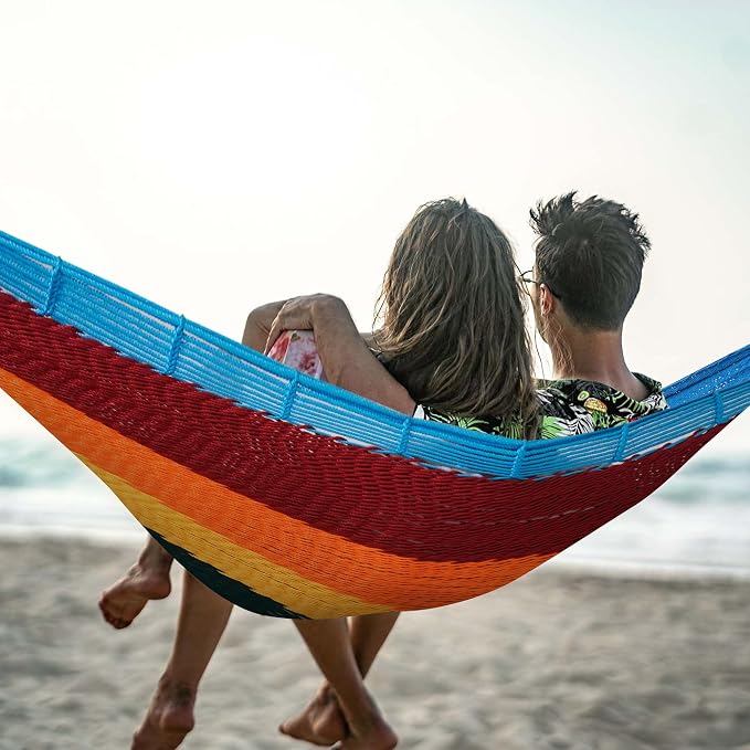 Lazy Daze Hammocks Handwoven XL Mayan Hammock, 10.5 FT Soft Rope Double Hammocks, Portable Outdoor Hammock with Carry Bag, 2 Straps & Carabiners for Patio Outside, 550 lbs Weight Capacity, Rainbow