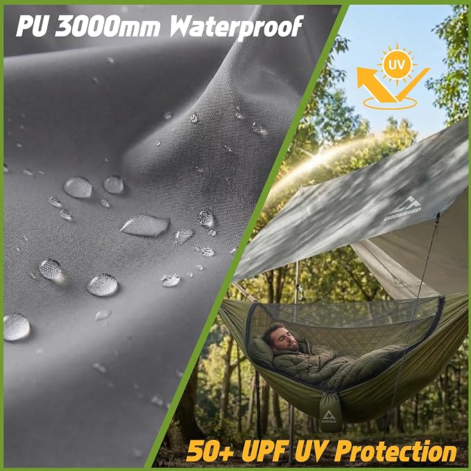 Hammock Rain Fly Tarp – 3000 mm Waterproof Camping Tarp Cover, Easy Set Up with Tent Stakes & Carry Bag, 11ft x 9ft - Ultralight Hammock & Tent Accessory