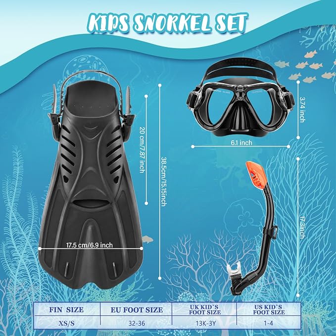 Snorkeling Gear for Kids, 4 in 1 Child Mask Fins Snorkel Set with Panoramic View Anti Fog Mask, Dry Top Snorkel, Trek Fins and Travel Bag, Kids Snorkeling Set with Fins for Snorkeling Swimming