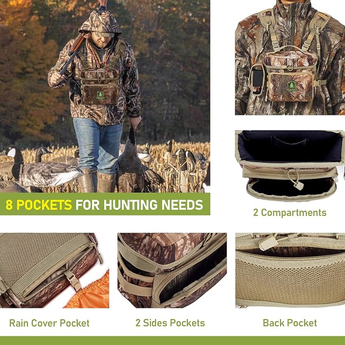 Binocular Harness Chest Pack with Rangefinder Pouch, Bino Harness with Rain Cover for Hunting