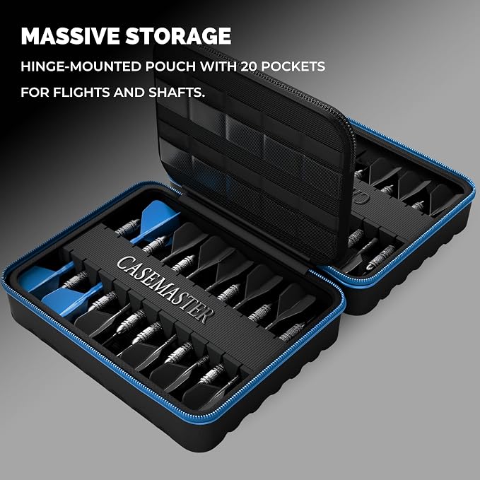 Casemaster Maxx 8 Dart Case, Holds 24 Steel Tip or Soft Tip Darts Fully Assembled, Hard Shell EVA Darts Case, 20 Accessory Pockets, Blue