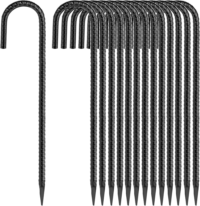 Homwin J Hook Rebar Stake 16 inch (16 Pack) Ground Stakes Heavy Duty 5/16" Thick Fence Anchors with Chisel Point, Tent Stakes for Camping, Canopy, Trampoline, Garden Fence & Tarp
