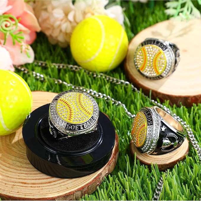 Highergo 10 Pcs Basketball Softball Baseball MVP Dancer Champion Trophy Ring with Display Stand Star Football Soccer Volleyball Golf Cheerleading Bowling Track Field