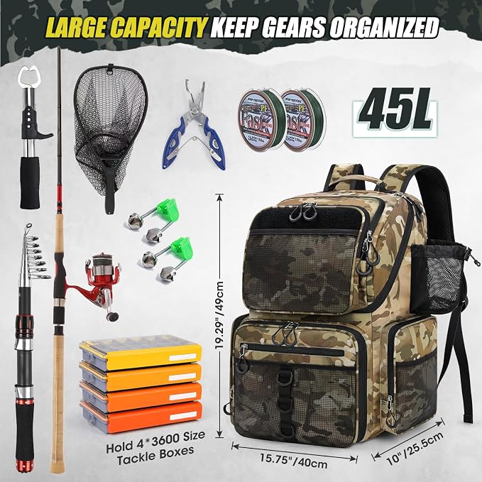 RAINSMORE 45L Fishing Backpack with Rod Holders & Rain Cover Large 900D Water-resistant Fishing Tackle Bag Store Fishing Gear