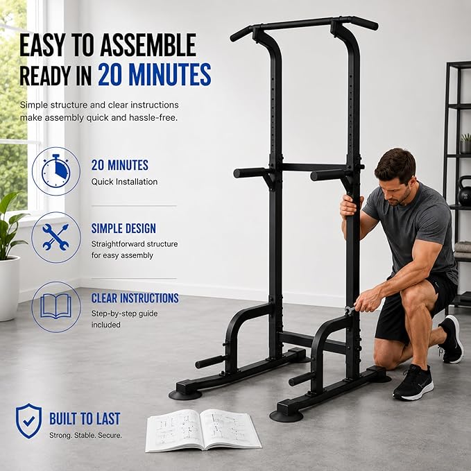 BARWING Pull Up Bar Station, Power Tower, Dip Station with 3D Backrest, Multi-Function Strength Training Stand Rack, Adjustable Height Dip Bar for Home Gym Workout Stand Fitness Exercise Equipment