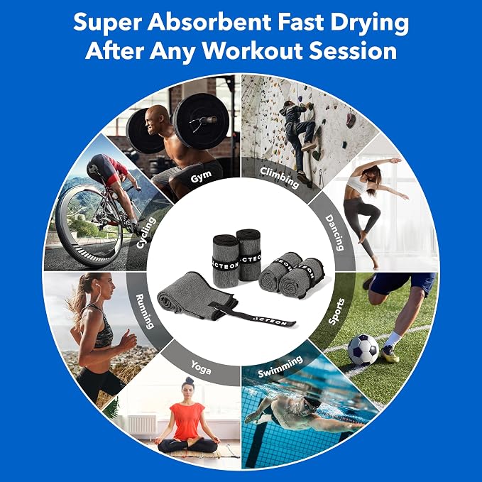 Acteon Microfiber Quick Dry Gym Towel 5 Pack, Silver ION Odor-Free Absorbent Fiber, Fast Drying, Men & Women Workout Gear for Body Sweat, Working Out, Towels Charcoal Grey