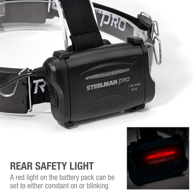 Steelman Pro Slim Profile LED Motion-Sensing Headlamp with Rear Safety Flasher, 3 Brightness Settings, 20m Beam, Water-Resistant, 3 AA Batteries