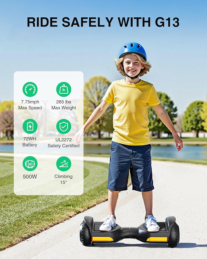 Gyroor Scooter with Adjustable Seat Attachment, 6.5" All-Terrain Self Balancing Scooter, LED Lights & Bluetooth for Kids and Adults, Black