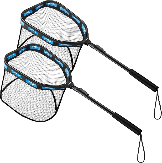 PLUSINNO Floating Fishing Net for Steelhead, Salmon, Fly, Kayak, Catfish, Bass, Trout Fishing, Rubber Coated Foldable Landing Net with Fixed or Telescoping Pole Handle, Fishing Gear and Gifts for Men
