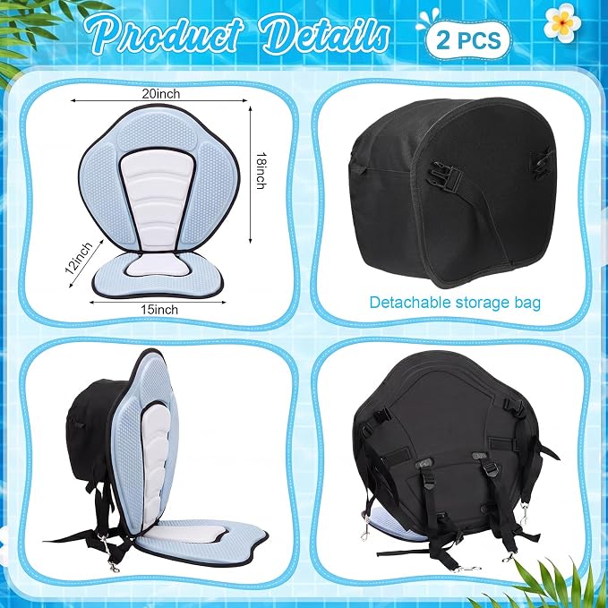 Vinsot Kayak Seat Cushion Universal Paddle Board Seat with Back Support Adjustable Non Slip Boat Chair Seats with 4 Straps and Storage Bag for Kayak Boat Sup Canoe