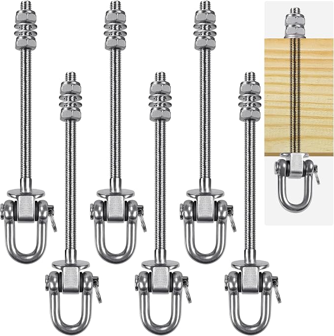 SELEWARE Set of 6 Swing Hanger, Swing Bolts M10 x 9.3", Stainless Steel Heavy Duty Swing Hooks for Wood and Steel Beam Yoga Hammock Chair Porch Swing Sets Seat, 1800LB Capacity