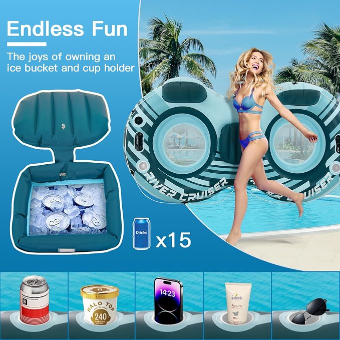 Heavy Duty 2 Person River Tubes for Floating with Cooler Inflatable Floating Lounger Premium Water Rafts Pool Float Above Lake and River for Adults Double Green