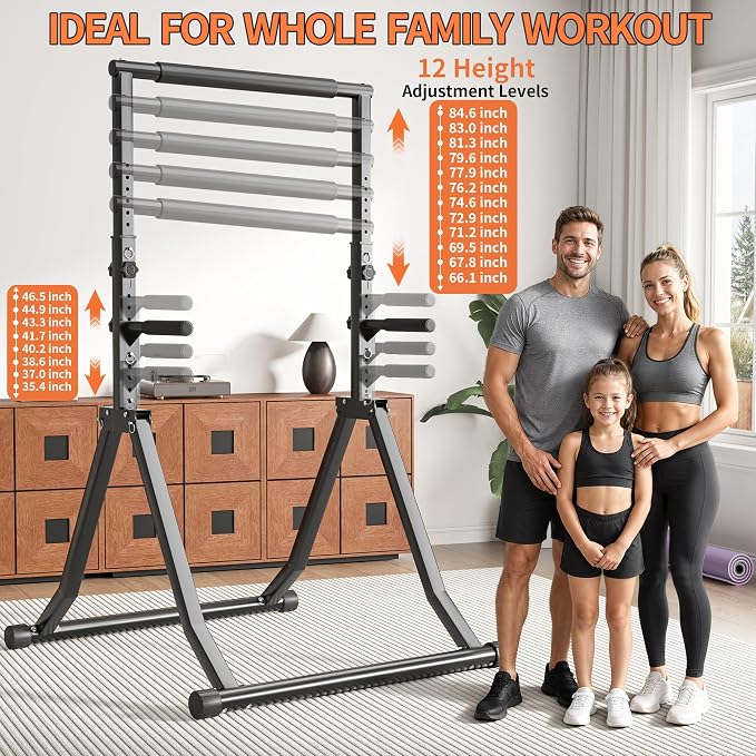 Foldable Power Tower Dip Station for Pull Ups, 66.1"-84.6" 12 Level 700 LBS, Adjustable Dip Handles & Assistance Bands Foldable Home Gym Equipment