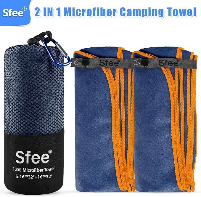 Sfee 2 Pack Microfiber Travel Towel, Quick Dry Towel Camping Towel Beach Towel Super Absorbent Compact Lightweight Sports Gym Towels Set for Beach, Gym, Hiking, Pool, Backpacking, Bath, Yoga