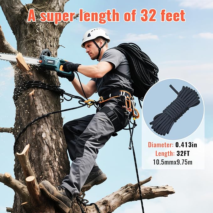 10.5mm Static Climbing Rope - 32FT Rock Climbing Rope for Adults & Kids, Outdoor Heavy Duty Rappelling Ropes for Fire Rescue, Escape, Ice Climbing, Parachute, Caving - Black