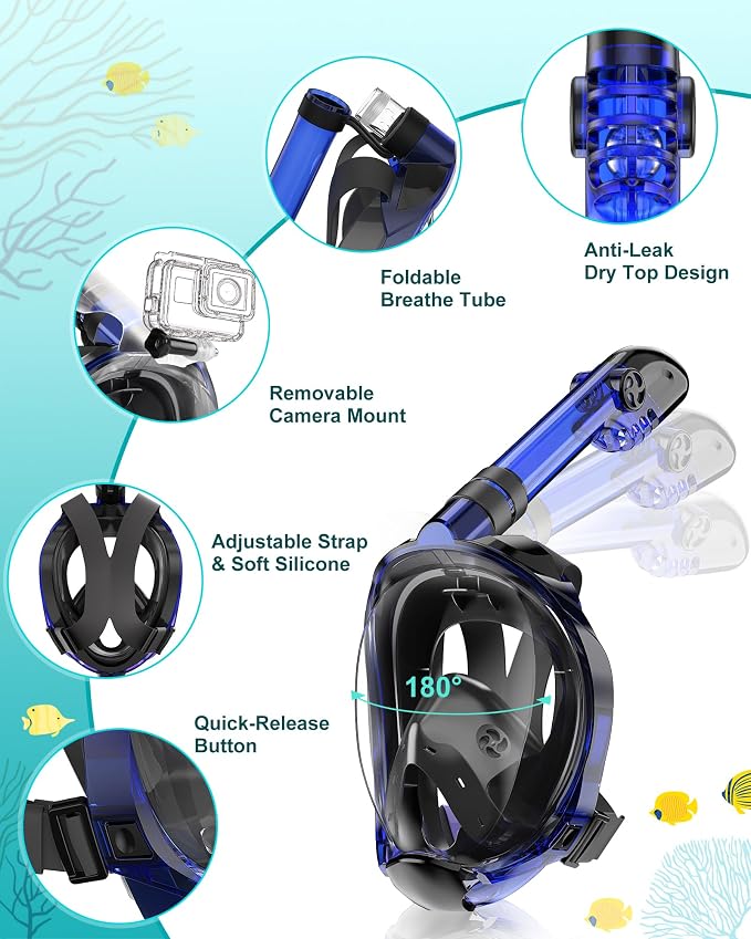 Viginsul Mask Fins Snorkeling Gear for Adults, Full Face Snorkel Mask & Adjustable Swim Fins Snorkel Set, Panoramic View Snorkel Mask Dry Top Anti-Fog Anti-Leak