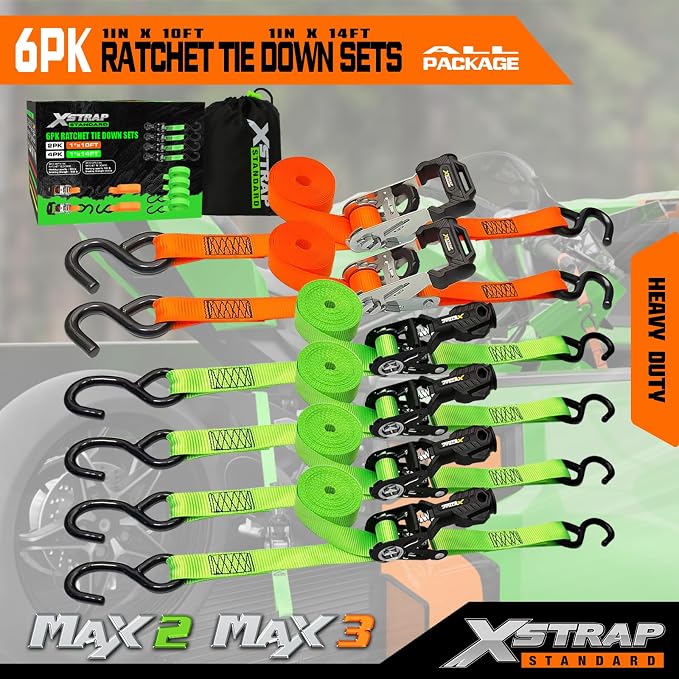 XSTRAP STANDARD 6-Pack Ratchet Tie Down Straps Set - 1 Inch 4 x 14ft & 2 x 10ft Tie-Down, 3300 lbs Break Strength Heavy Duty Cargo Straps with Coated S-Hooks for Moving, Motorcycle, Truck, Trailer