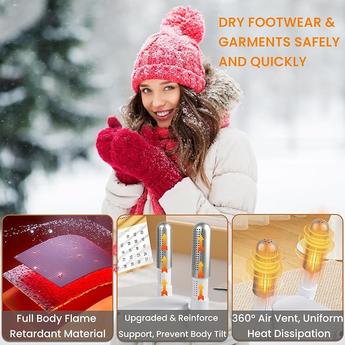 Shoe Dryer Glove Dryer, Dry Wet Shoes with 360°Heat Blower, Intelligent Shoes Dryer with Four Timer, Suitable for Sneaker, Glove, Boots, Ski Boot, Helmet, Folding and hanging Design