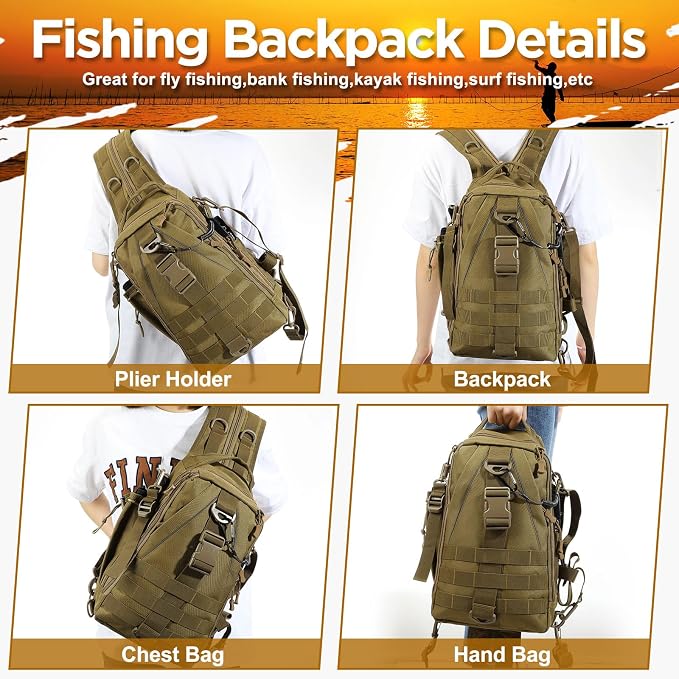 RoundFunny 85 Pcs Fishing Backpack with Tackle Boxes, Tackle Sling Bag with Rod Holder, Fish Lures and Pliers, Fish Tools Gears & Equipment Father's Day Fishing Gift for Dad Men