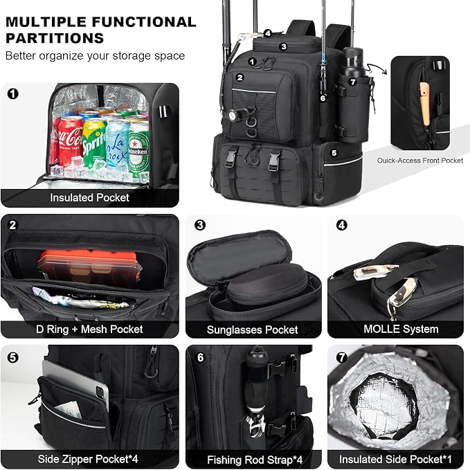 WANOON Fishing Backpack 45L with 4 Tackle Boxes, Durable & Comfortable Fishing Bag,Waterproof Insulated Bait Pocket & 4 Rod Holders