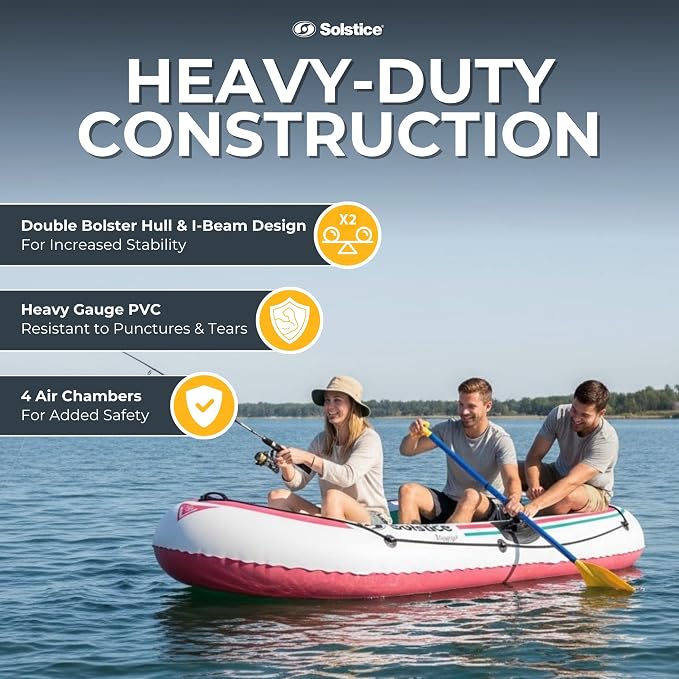 SOLSTICE Inflatable Boat for Lakes, Rivers & Beaches – Heavy-Duty Raft with Swivel Oar Locks, Grab Line & Inflatable Seat – Voyager, Full Kit Includes Oars & Pump, 3-Person, White, 7'