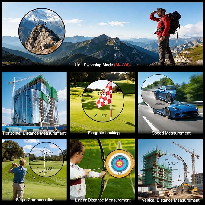 Golf Rangefinder with Slope, 900 Yards Range Finder for Golf/Hunting, +1 Yard Accuracy 6.5X Magnification Flag Pole Locking Rechargeable Laser Rangefinders for Men Women