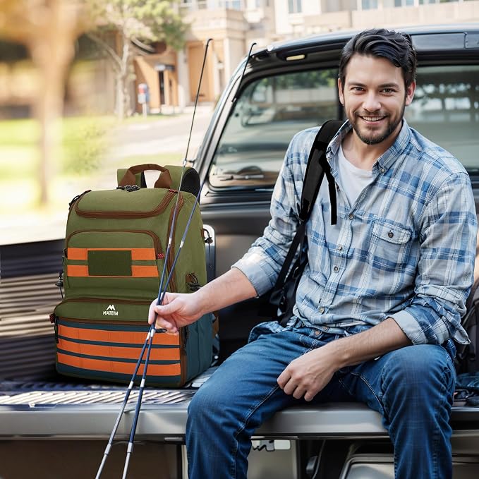 MATEIN Fishing Backpack Tackle Box, Water Resistant Tackle Backpack with Cooler & Rod Holders, Fishing Gifts for Men