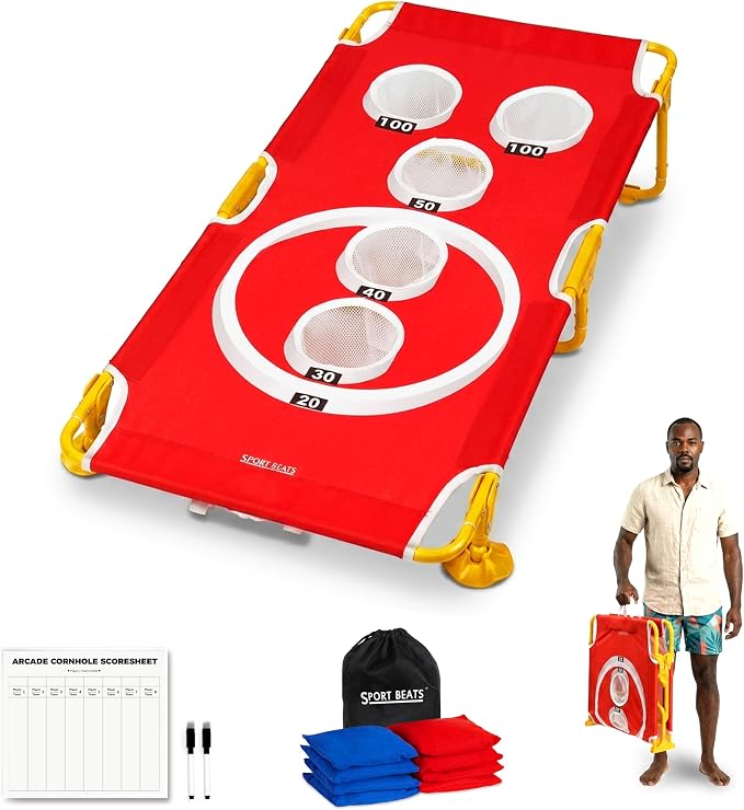 Foldable Cornhole Game Set Portable Bean Bag Toss for Family Tailgate & Beach - Metal Frame 5-Hole Arcade Style with 8 Bags & 8 Fun Games - Choose 3x2' Tailgate or 4x2' Regulation Size