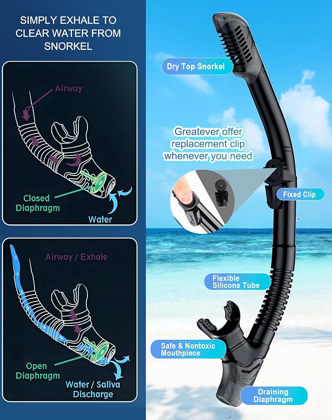 Greatever Dry Snorkel Set,Panoramic Wide View Anti-Fog Scuba Diving Mask,Professional Snorkeling Gear for Adults Kids