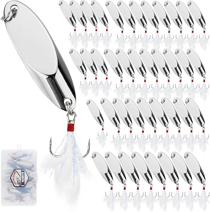Jigging Spoon Fishing Lures 20/40PCS Kit – Metal Casting Spoon Lure Set with Treble Hooks, Mixed Sizes Spinner Baits for Saltwater & Freshwater Trout, Salmon, Bass