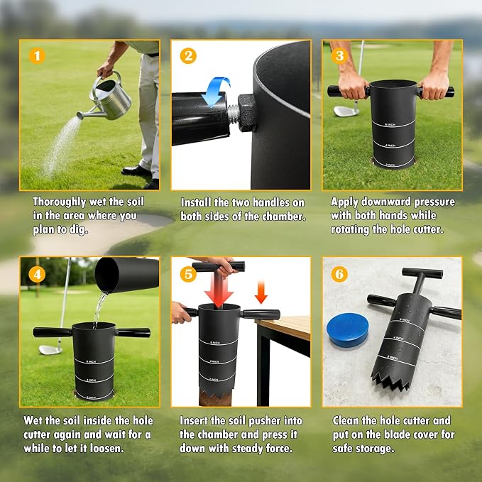 Portable Golf Hole Cutter with Detachable Handle, USGA Standard 2/4/6 Inch Hole Digger Kit – Includes Golf Cup Covers & Built-in Soil Ejector – Ideal for Backyard, Lawn, Garden Putting Green Practice