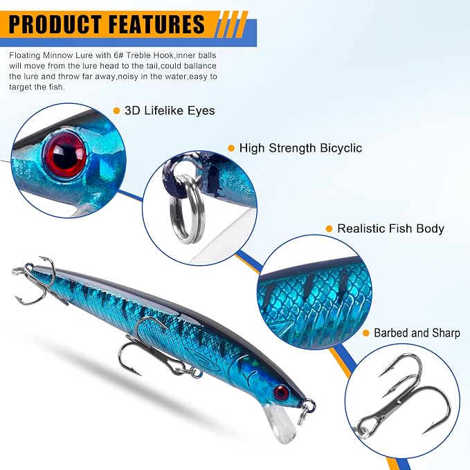 Fishing Lures Kit Crankbait Minnow Hard Bait Set Deep Diving Jerkbait Swimbait Popper Pencil Walleye Lures Artificial Fishing Bait for Bass Trout Redfish Saltwater Freshwater Fishing Lure