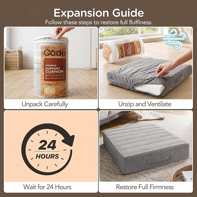 Codi Thick Replacement Couch Cushions, Upholstery Foam with Washable Covers for Sofa Cushion Chair Meditation - 24 × 24 × 5 Inch | High Density Foam, Grey