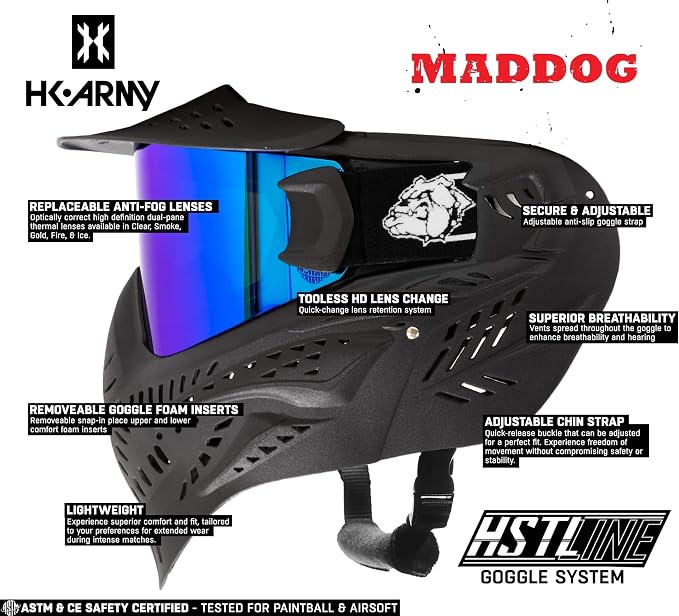 Maddog HK Army HSTL Paintball Airsoft Mask Goggle System | Replaceable Thermal Dual-Pane Anti Fog Lens | Adjustable Full-Face Safety Certified Protection