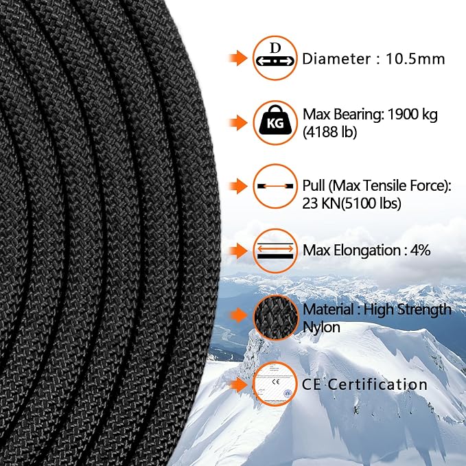 AOLEBA 10.5 mm Static Climbing Rope 10M(32ft) 20M(64ft) 30M(96ft) 50M(160ft) 70M(230ft) Outdoor Rock Climbing Rope, Escape Rope Ice Climbing Equipment Fire Rescue Parachute Rope