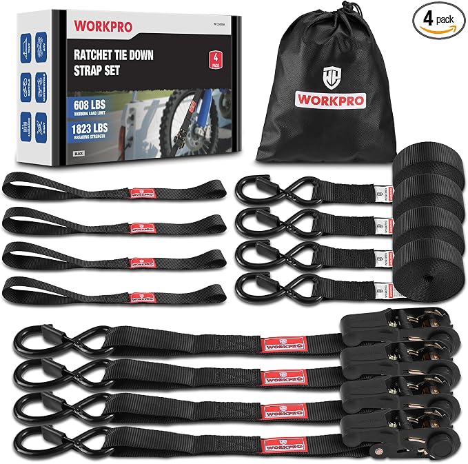 WORKPRO Ratchet Tie Down Straps, 4-Pack | 1" x 15' | 1823 lbs Break Strength Heavy Duty Ratchet Straps with 4PC Soft Loops, Fits for Moving Appliances Motorcycle ATV Truck (Black)