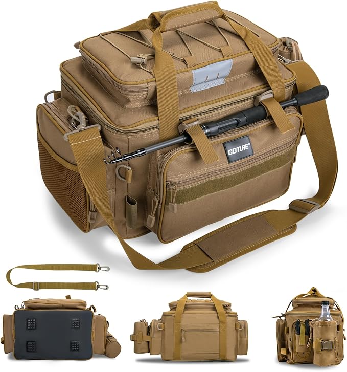 Goture Fishing Tackle Bag, Store Up to 4PCS 3700 Plus 2PCS 3600 Tackle Trays(Not Included), 600D Soft Side Gear Fishing Bag with Rod Straps,Detachable Water Bottle Pouch,Waterproof Bottom,SBS Zippers