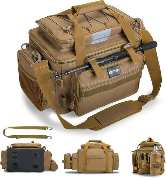 Goture Fishing Tackle Bag, Store Up to 4PCS 3700 Plus 2PCS 3600 Tackle Trays(Not Included), 600D Soft Side Gear Fishing Bag with Rod Straps,Detachable Water Bottle Pouch,Waterproof Bottom,SBS Zippers