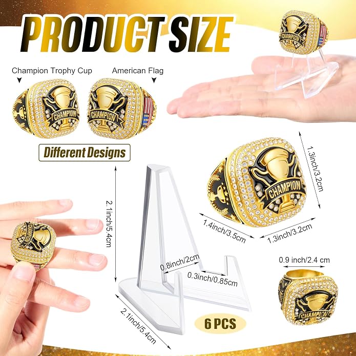 Misdary Soccer Baseball Basketball Championship Rings with Holder Most Valuable Player Trophy Gold Ring Award Gift Team Prize for Football Tournament Winner