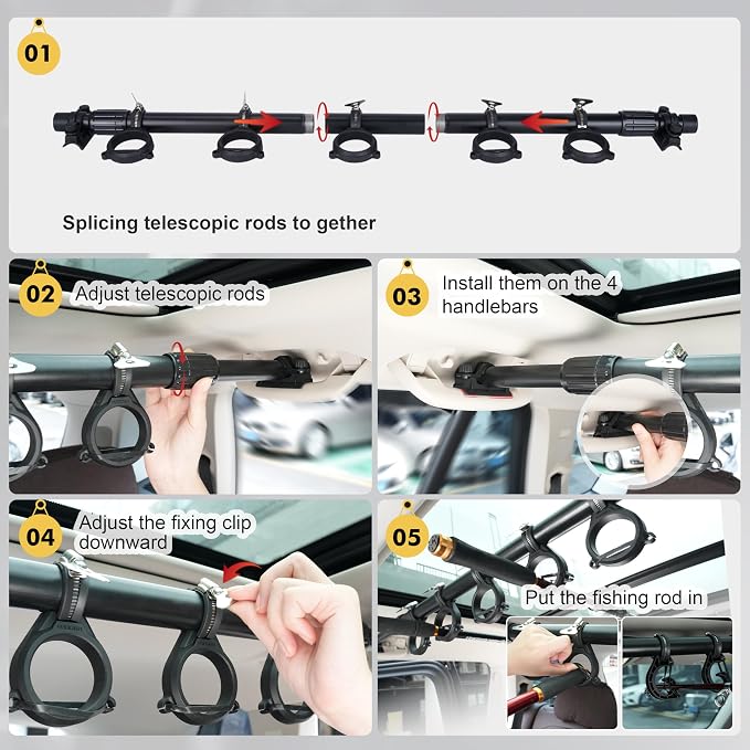Hikeen Fishing Rod Holder for Car, Vehicle Fishing Pole Holder Roof Rack Inside,5 Rod Capacity, Heavy Duty Adjustable 35-59 Inch, Fishing Rod Carrier Pole Storage for Trucks, SUV, Wagons, Van