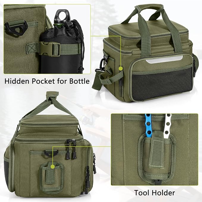 Fishing Tackle Bag - Holds 3400-3600 Size Tackle Boxes -Saltwater & Freshwater Fishing Bags - Padded Shoulder Strap Fishing Bags(Green) (Bag Only)