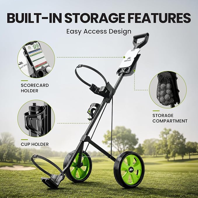 2-Wheel Golf Pull Cart – Lightweight Foldable Golf Push Cart with Durable Steel Frame, Adjustable Web Straps, Compact Design for Walking Golfers