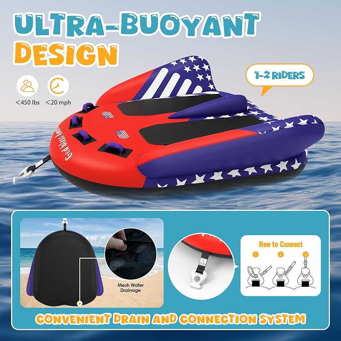 Towable Tubes for Boating - 2-3 Person Shark Battle Tank, Boat Tubes & Towables, EVA Foam Pads, Drainage, Super Safe Handle, Quick Connector