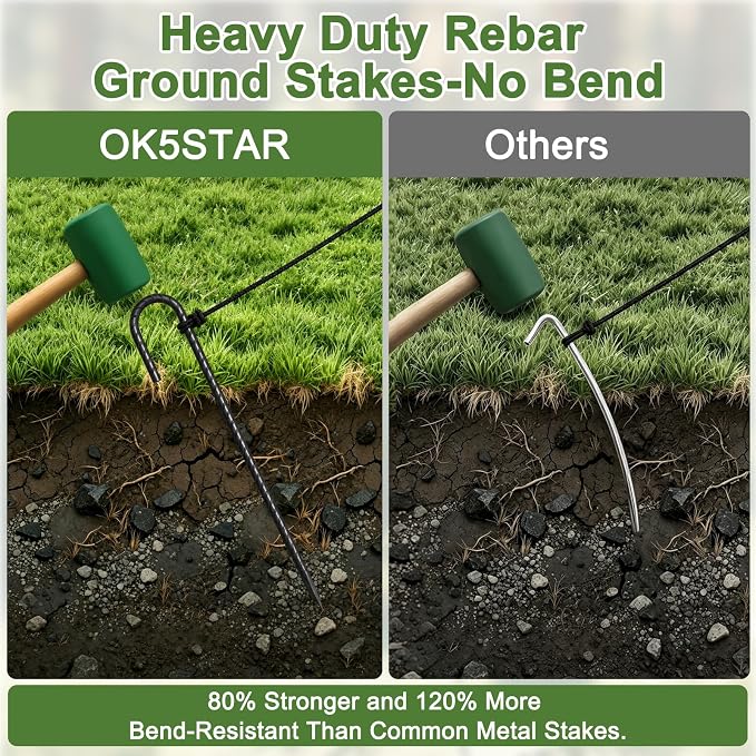 Heavy Duty J Hook Rebar Stakes 12 Inch 16 Pack, High Wind Resistance Metal Tent Stakes, Anti-Rust Galvanized Steel Ground Fence Stake for Securing Fence Bottom, Canopy, Inflatables, Yard Decor