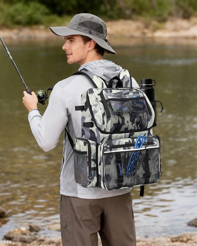 Fishing Backpack, Large Water Resistant Tackle Bag Storage Fishing Gear and Equipment, Built-in Cooler Compartment Grey