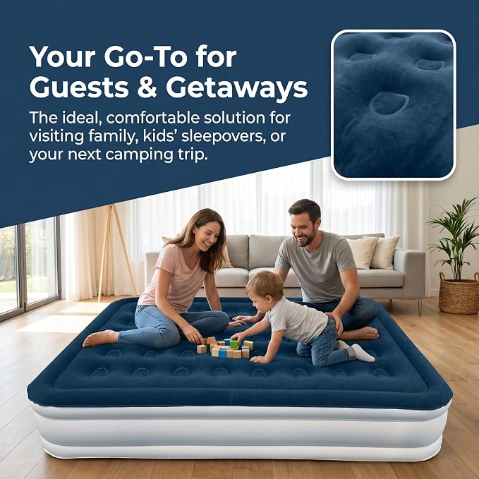 Air Mattress Queen with Built in Pump Comfortable Waterproof Flocked Surface Blow up mattresses for Temporary Family Stays and Travel,16-Inch Blow Up Mattress Inflates in 3 Minutes