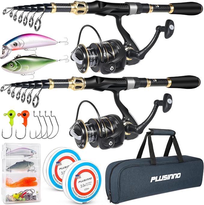 PLUSINNO Fishing Rod and Reel Combo, Telescopic Fishing Pole Kit with Spinning Reel, Tackle Box, Fishing Lures and Travel Carrying Bag, Fishing Gear Gifts for Men