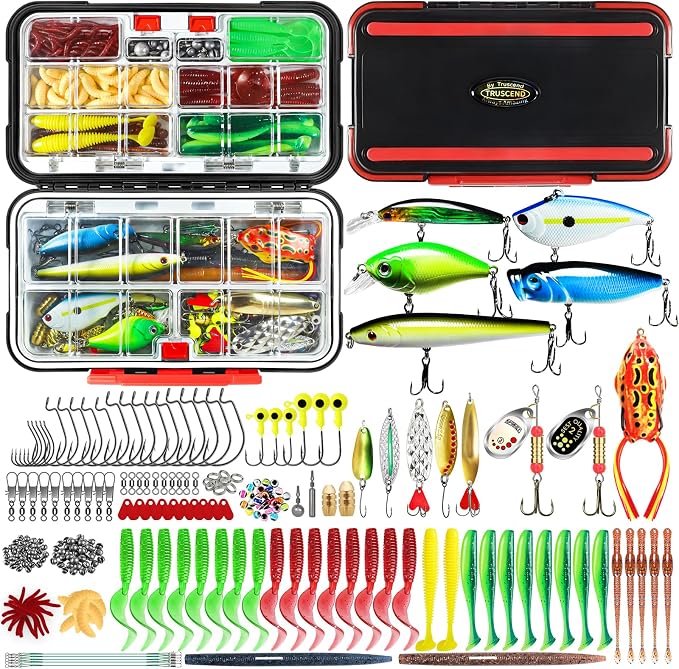 TRUSCEND Complete Fishing Lures - Tackle Box with Tackle Included - Crankbaits, Minnows, Frogs, Vibes, Poppers, Spinners, Spoons, Soft Baits, Hooks & Weights Accessories Kit for Bass Panfish Trout