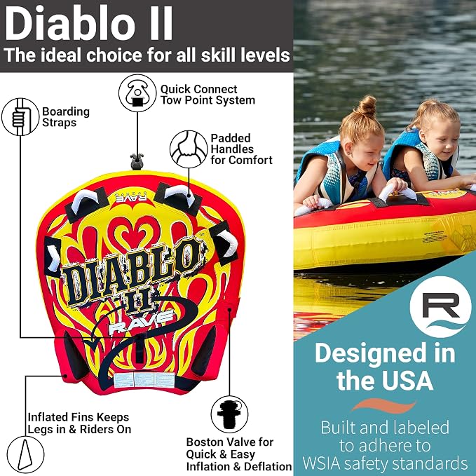 RAVE Sports Diablo II Boat Towable Tube - Inflatable Boating Tube for 1-2 Riders - Heavy-Duty Water Tube for Boats to Pull - Water Sports Towable with Quick Connector