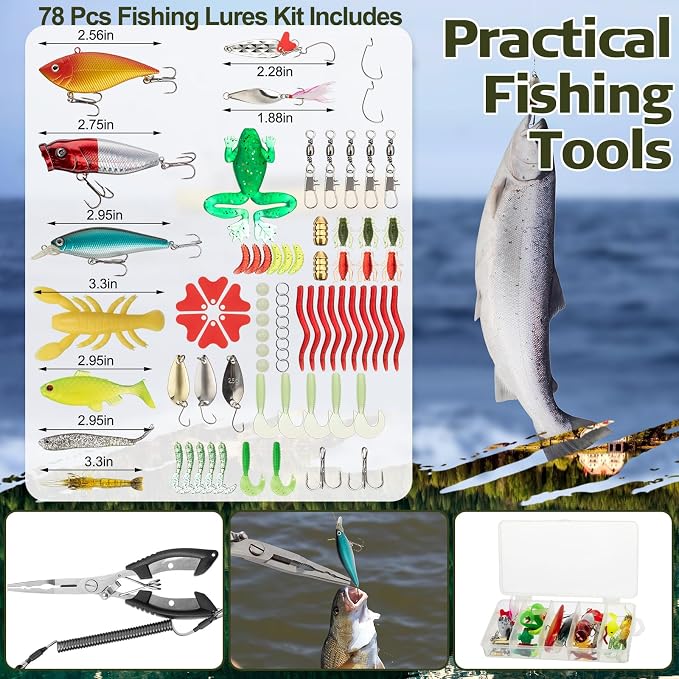 RoundFunny 85 Pcs Fishing Backpack with Tackle Boxes, Tackle Sling Bag with Rod Holder, Fish Lures and Pliers, Fish Tools Gears & Equipment Father's Day Fishing Gift for Dad Men